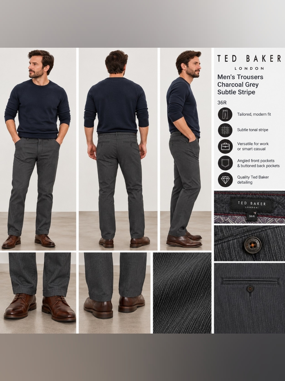 Ted Baker Men’s Charcoal Grey Subtle Stripe Trousers Pants 36R